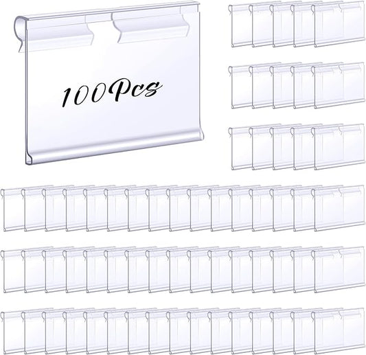 Tatuo 100 Pcs Reusable Plastic Wire Shelf Label Holders, Price Card Sign for Pantry Retail Supermarket Merchandise Shopping Mall Shop Ticket Display Holder Clip on Design, 2.36" L x 1.65" H (Clear)