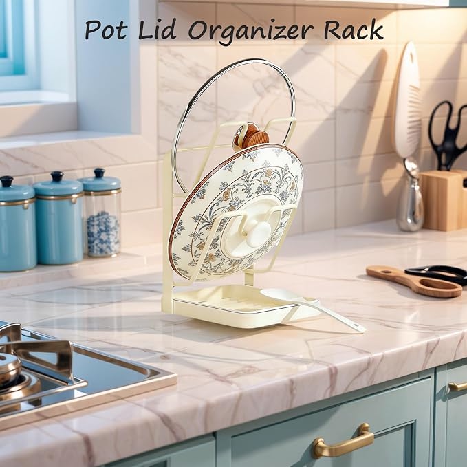 Kitchen Pot Lid Storage Rack, Stainless Steel Pot Lid Holder While Cooking for Countertop, Multifunctional Pots Lids Organizer Rack with Removable Drip Tray for Spatulas, Ladles & Large Lids (Gray1)