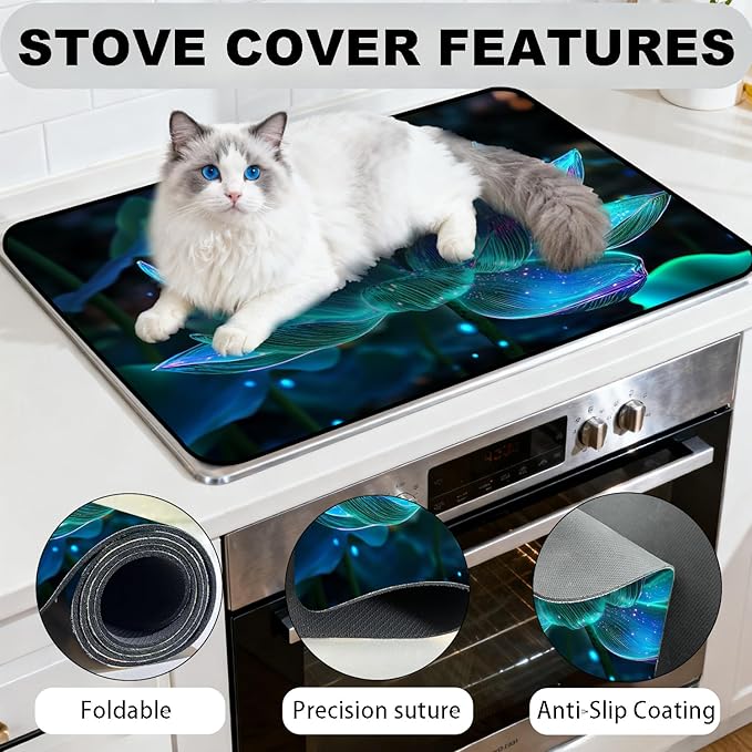Glass Stove Top Covers for Electric Stove, Heat Resistant Counter Protector Mat, Non Slip Waterproof Surface Cover for Kitchen Counter and Cooktop (Glowing Blue Lotus, 28"L x 20"W)