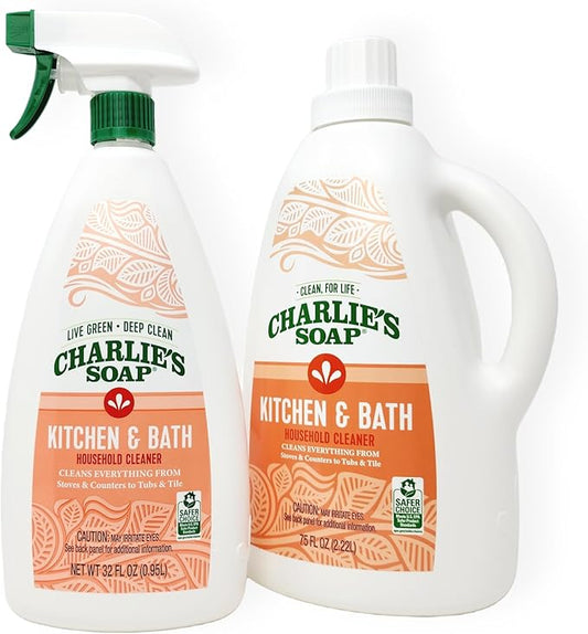 Charlie's Soap Kitchen & Bath Surface Cleaner Refill Kit (107 fl oz) Eco-Friendly Spray & Wipe Multi-Purpose cleaner Safe for Sensitive Skin (2 Pack - One 32oz Sprayer and One 75oz Refill)