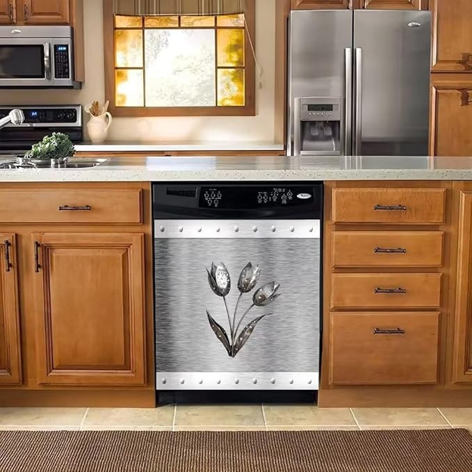 Artificial Metal Effect Dishwasher Cover Magnet Kitchen Decor, Stainless Steel Flower Effect Dishwasher Magnet Cover Front Door Panel Decal, Refrigerator Magnetic Decals 23'' W x 26'' H
