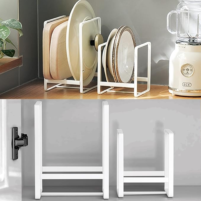 4PCS Plate Holders Organizer, Metal Dish Storage Dying Display Rack for Cabinet, Counter and Cupboard - White， 2 Small and 2 Large