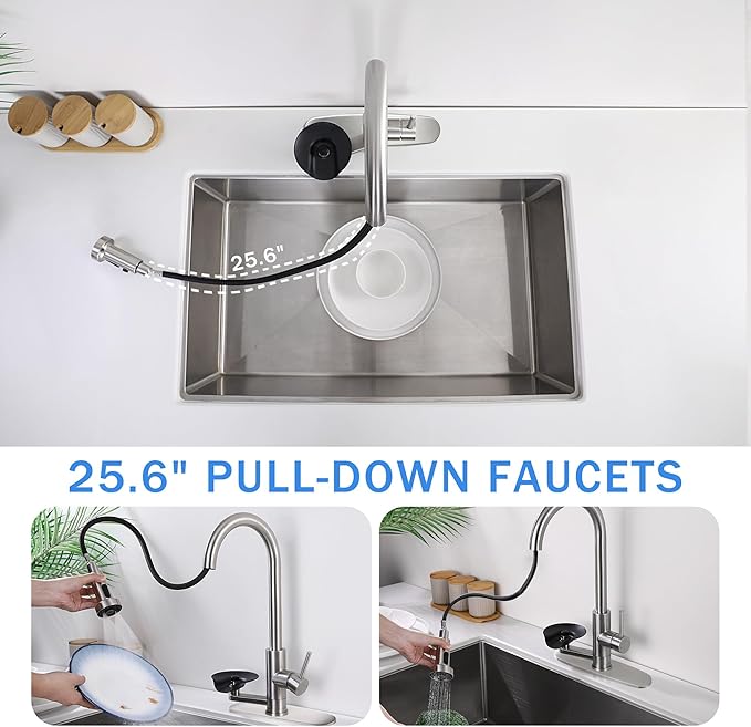 Kitchen Faucet with Glass Rinser, Pull Down Sink Faucet with 3 Spray Modes and High Pressure Glass Rinser, Single Hole 2 in 1 High Arc Stainless Steel Kitchen Faucets (Brushed Nickel)