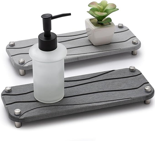 2 PCS Quick Drying Stone Tray for Bathroom Counter- Water Absorbing & Fast Drying in Seconds - Kitchen Sink Caddy Organizer for Countertop as Sponge Holder (Gray and Dark Gray)