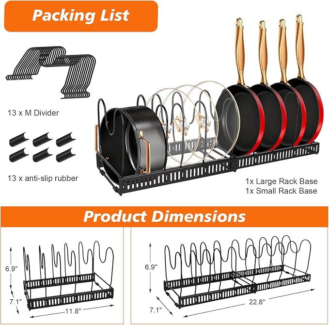 Under Cabinet Pot and Pan Organizer - Expandable (11.8"-22.8") Kitchen Cabinet Storage Rack with 13 Adjustable Dividers for Lids, Cutting Boards & Baking Sheets - Tool-Free Assembly, Black