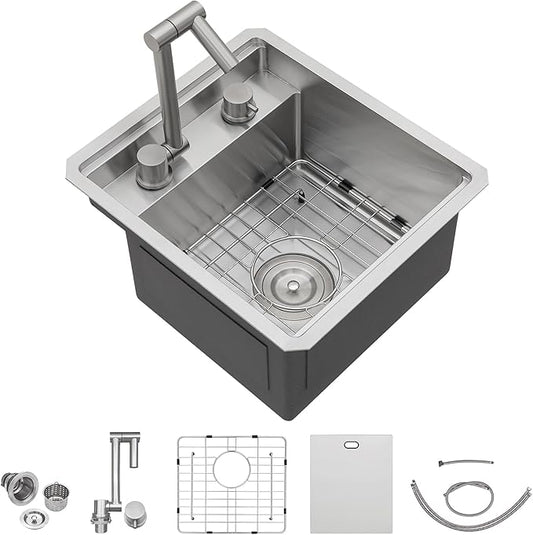 15 Inch RV Kitchen Sink - Fulorni 15"x17" Outdoor RV Mobile Camper Wet Bar Prep Sink Undermount 16 Gauge Stainless Steel Single Bowl Basin with Foldable Faucet