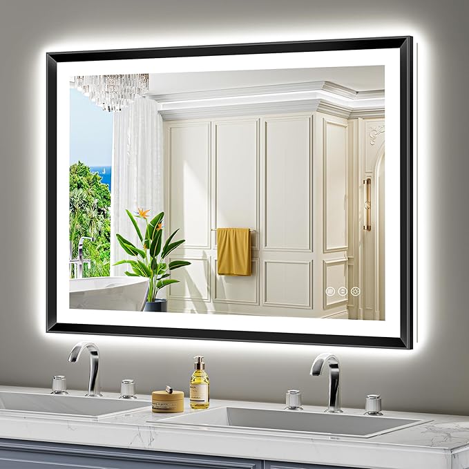 44x30 Black Framed LED Bathroom Mirror with Lights, Backlit and Front Light, Lighted Bathroom Vanity Mirror for Wall Dimmable Anti-Fog Memory Tempered Glass Horizontal/Vertical