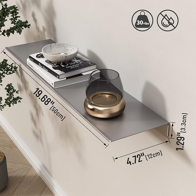 Danpoo Adhesive Floating Shelves for Wall Storage, Metal Wall Shelves for Living Room, Bathroom, Kitchen, 20” Long Display Shelves for Collectibles(Grey, 2 PCS)