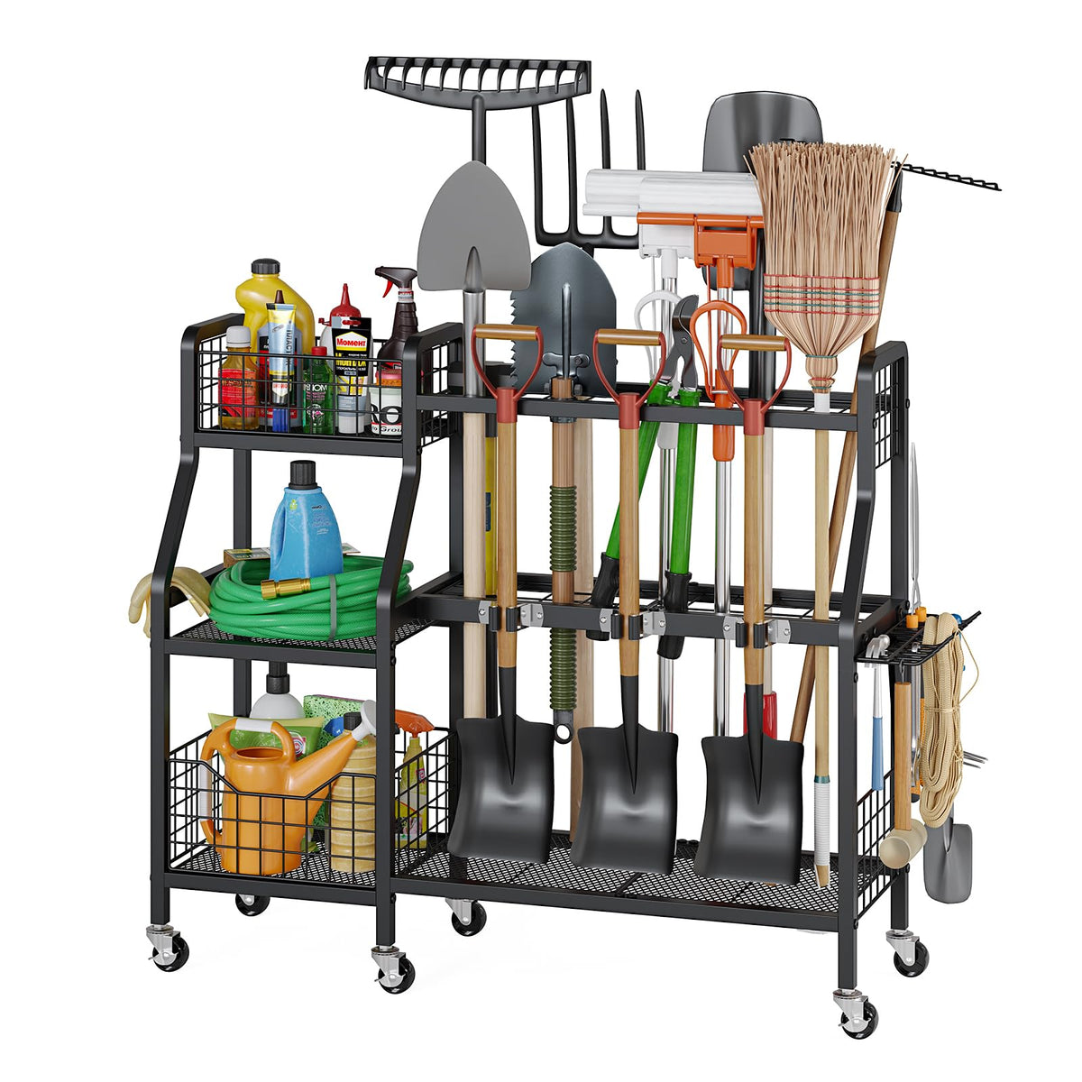 Heavy-Duty Garden Tool Organizer with 6 Wheels and 2 Baskets - Image 1