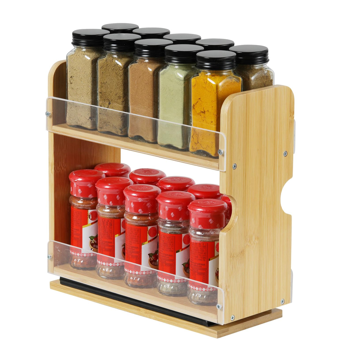 2 Tier Pull Out Spice Rack Organizer, Bamboo Sliding Spice - Image 1