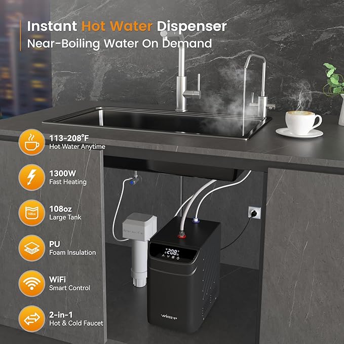 Instant Hot Water Dispenser, 3.4-Quart Stainless Steel Tank with Hot & Cold Under-Sink Faucet, Precise 113–208℉ Temp & WiFi Smart Control, Energy-Efficient for Home & Office, B32CU-FHCA