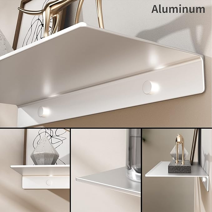 Danpoo Adhesive Floating Shelves for Wall Storage, Metal Wall Shelves for Living Room, Bathroom, Kitchen, 20” Long Display Shelves for Collectibles(Silver, 2 PCS)