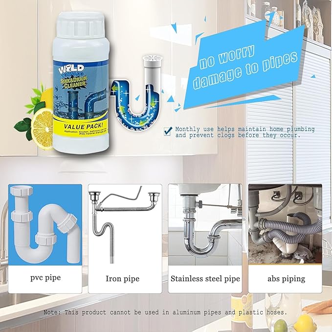 Powerful Fast-Acting Drain Cleaner Powder – Sink and Drain Clog Remover for Kitchen & Toilet Pipes – Deep Cleaning Formula, Fast Foaming, Heavy-Duty Clog Remover