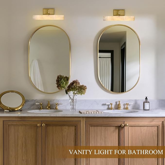 Alabaster Vanity Light, 12in Brass Bathroom Light Fixtures over Mirror, Modern Hardwired Picture Lights for Wall, Dimmable Marble Picture Frame Light for Bedroom, Living Room, Hallway, Artwork Display