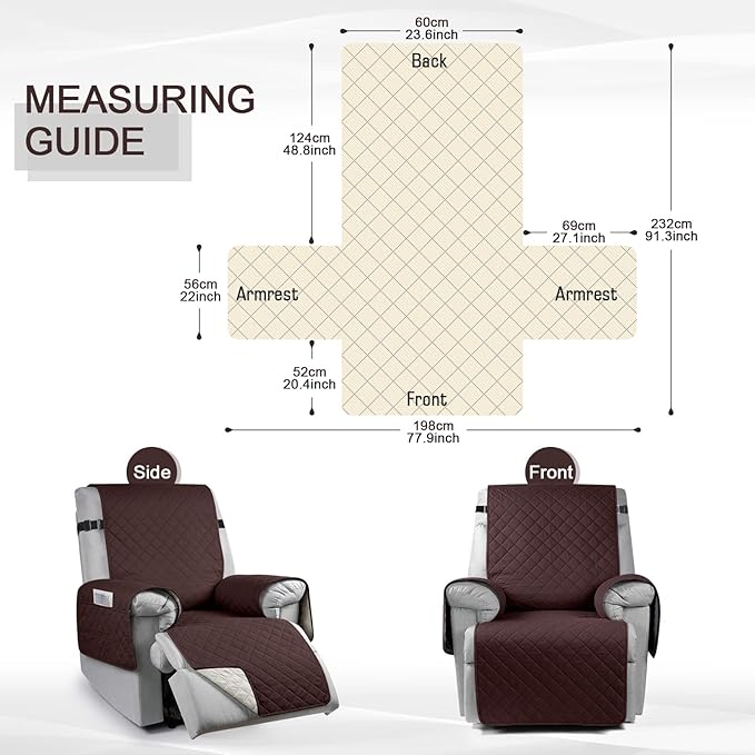 KinCam 100% Waterproof Recliner Chair Cover, Reclining Couch Covers for Pets, Dogs, Recliner Couch Slipcover Furniture Protector with Elastic Straps for Kids(23.6", Dark Coffee)