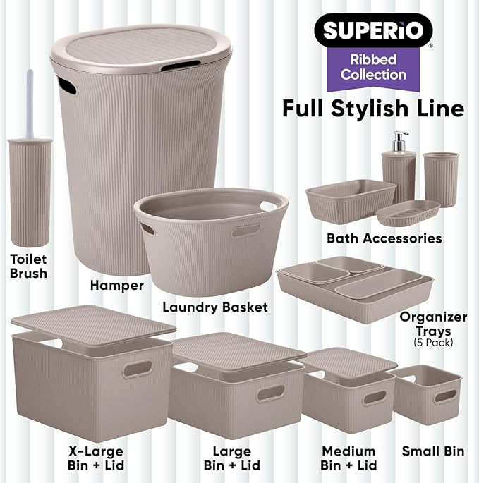 Decorative Plastic Basket Open Home Storage Bins Organizer Baskets, Medium Taupe (4 Pack) Container Boxes for Organizing Closet Storage Bins for Shelves Drawer Shelf - Ribbed Collection 5 Liter