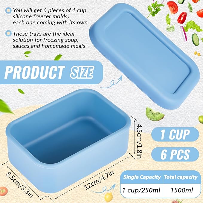 6 Packs 1 Cup Silicone Soup Freezer Molds with Lid Silicone Soup Freezer Trays Rectangle Reusable Food Preserving Tray Freezing Sauces Stews(Dark Blue, Gray)