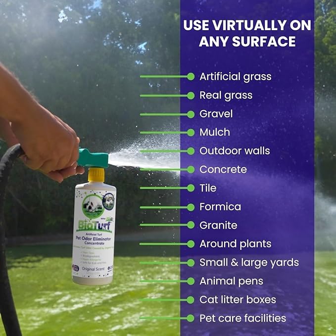 BioTurf BioS+ Odor Eliminator Concentrate - Artificial Turf Cleaner for Dog Urine & Feces - Outdoor Yard Deodorizer Enzyme Odor Eliminator for Fake Grass, Patios, Kennels & Gravel 32 oz Bottle 2-Pack