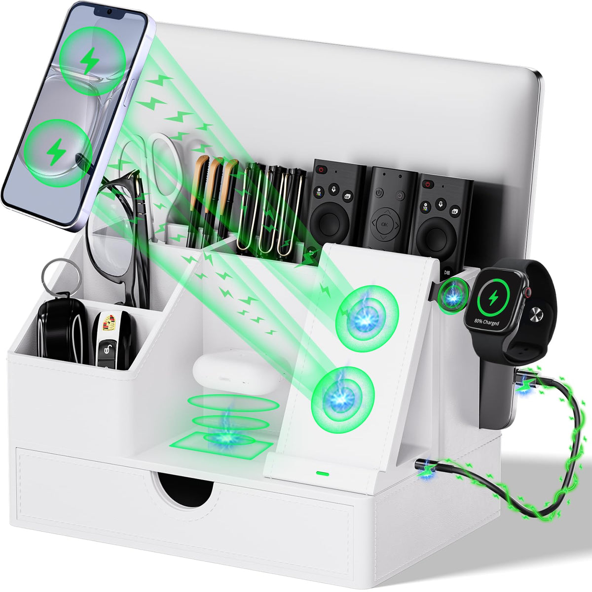 Sleek White PU Leather Charging Station with Drawer - 6-in-1 - Image 1
