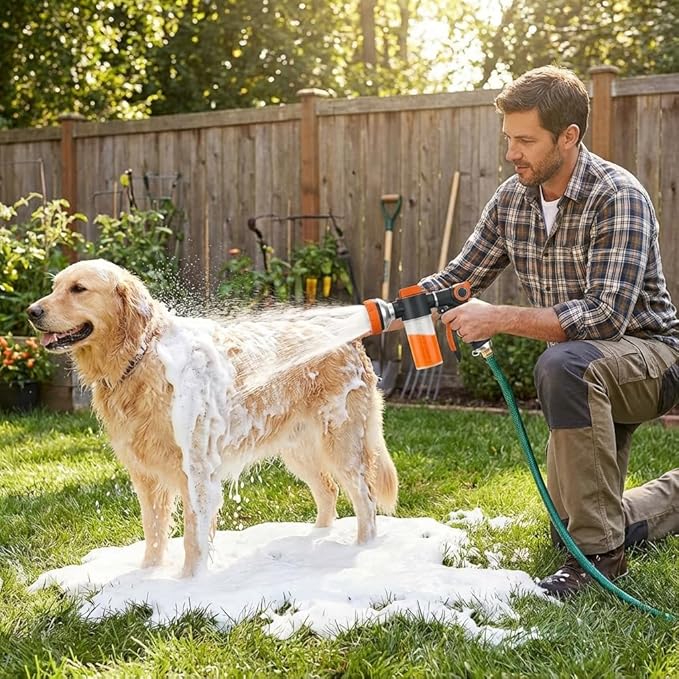 Dog Washing Hose Attachment, 8-in-1 Sprayer Hose Nozzle with Soap Dispenser for Dog Showering, Watering Flowers, Car Washing (Nozzle Only)