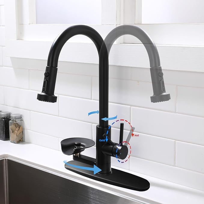 Kitchen Faucet with Glass Rinser, Pull Down Sink Faucet with 3 Spray Modes and High Pressure Glass Rinser, Single Hole 2 in 1 High Arc Stainless Steel Kitchen Faucets (Matte Black)