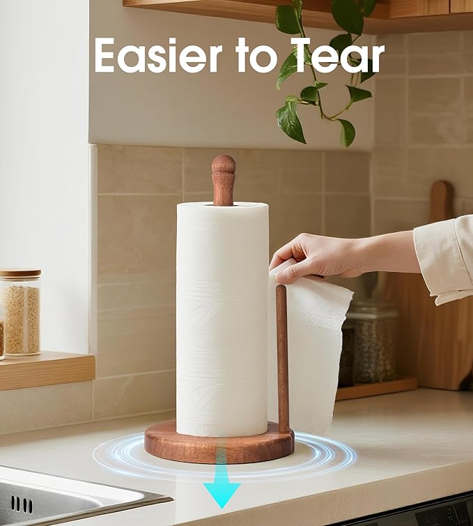 Acacia Wood Paper Towel Holder Countertop, Weighted Base Paper Towel Roll Holder for Kitchen Bathroom, One-Handed Operation, Standing Towel Roll Organizer for Standard and Large Rolls