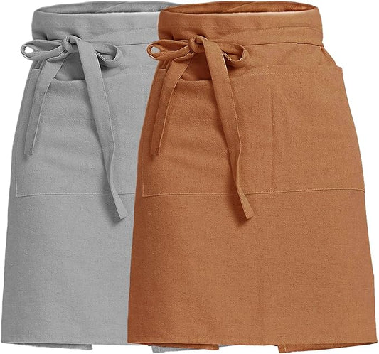 Cityelf Linen Server Apron Cotton Bistro Half Apron with Large Pockets Waist Kitchen Apron for Cooking Waitress