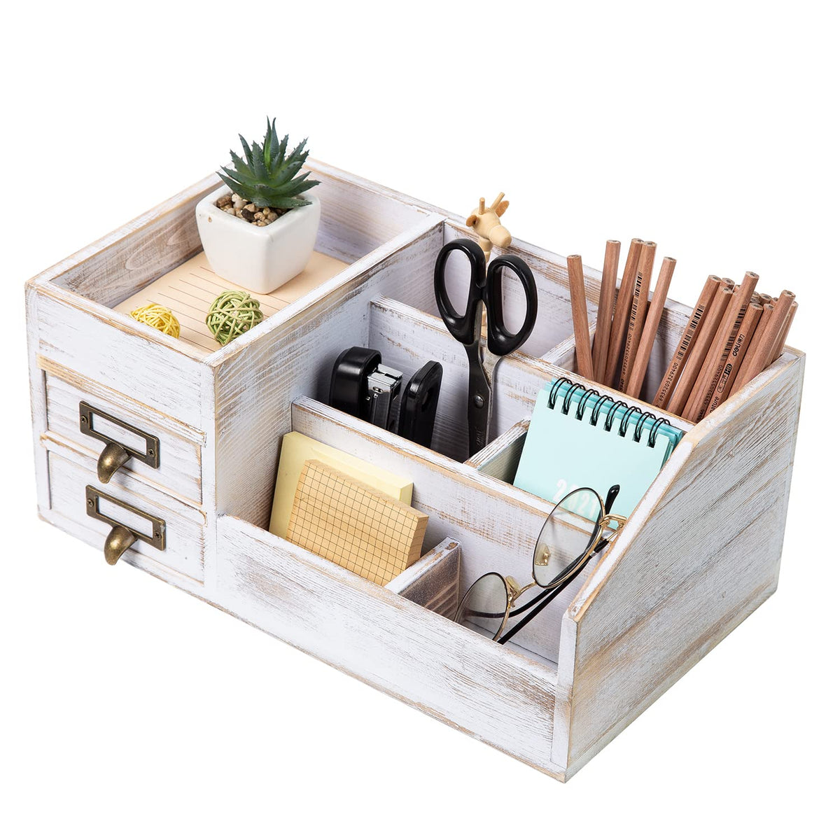 Distressed Rustic Wooden Office Desktop Organizer Shelf Tabletop - Image 1