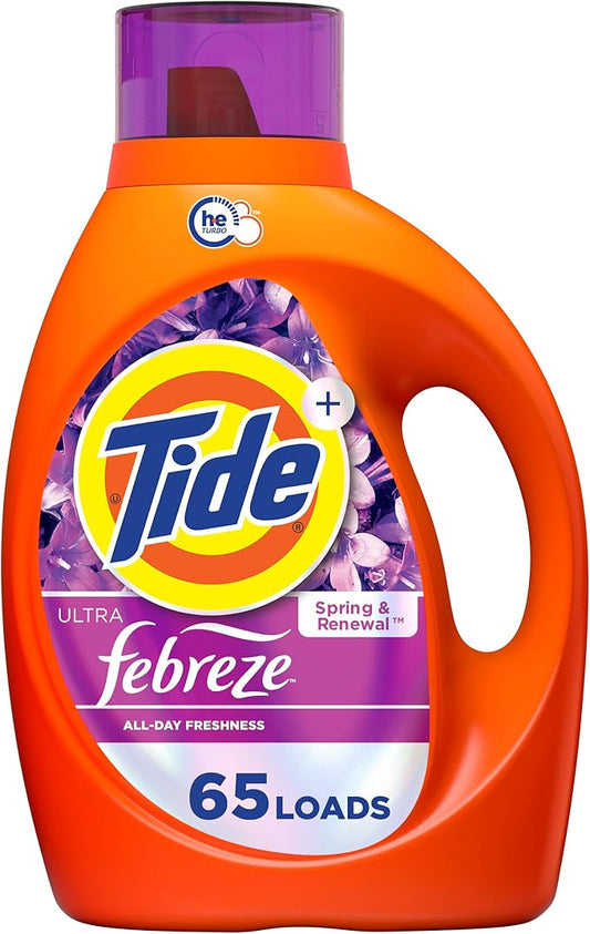Tide Ultra Febreze Liquid Laundry Detergent, Spring and Renewal scent, 92 fl oz, 65 Loads, Laundry Detergent Liquid with All-Day Freshness