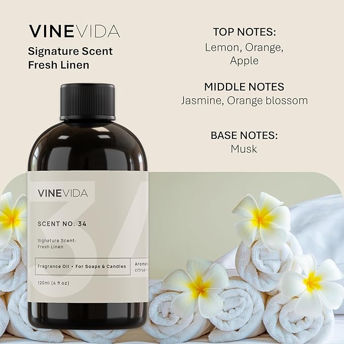 VINEVIDA [4oz] Fresh Linen Fragrance Oil for Candle Making and Soap Making - Premium Candle Scents for Soy Candles