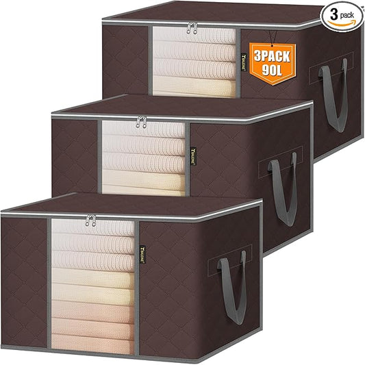 BALEINE 3 Pack Clothes Storage Bags, 24 Gallon Storage Containers with Reinforced Handle, Sturdy Zipper, Closet Organizer for Blanket, Comforter, Pillow, Bedding (Brown, 3 Pack)