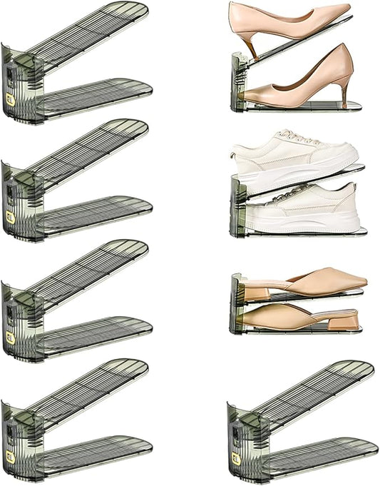 Shoe Slots Organizer, Clear Shoe Stacker, Adjustable Level Shoe Rack,Storage Space Saver for Sneakers Display (Green Transparent, 8Pack)