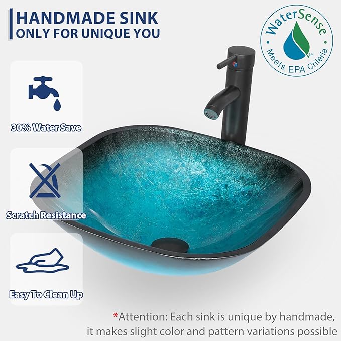 eclife 60" Modern Bathroom Vanity Sink Combo Freestanding Cabinet with Small Side Cabinet, Turquoise Square Glass Vessel Sink, Water Save Faucet, Drain (Black+A10)