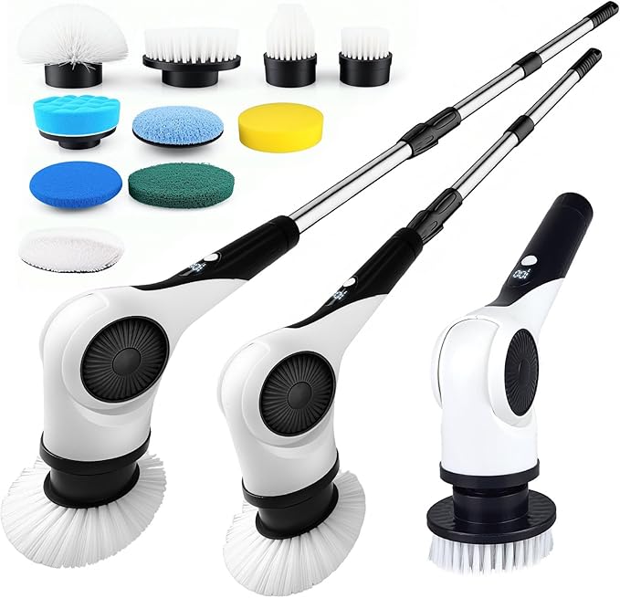 Electric Spin Scrubber, 3-Speed Shower Cleaner Brush with 10 Replaceable Brush Heads, 90 Mins Runtime & Full-Body IPX7 Waterproof Cordless Shower Scrubber with Long Handle