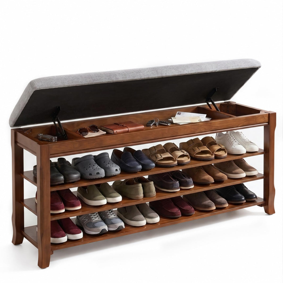 Solid Wood Shoe Rack for Entryway Bench, Flip-Top Soft-Close Lid - Image 1