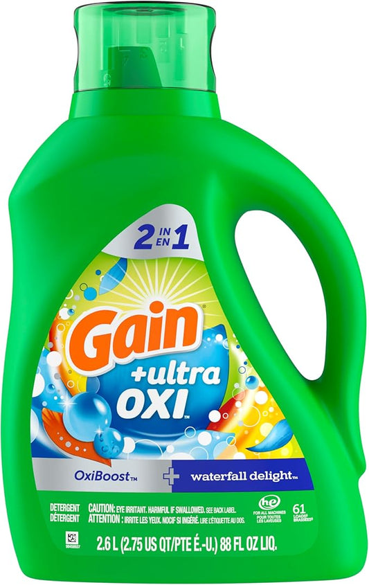 Gain Ultra Oxi Liquid Laundry Detergent, Waterfall Delight Scent, 61 Loads, 2-in-1, HE Compatible
