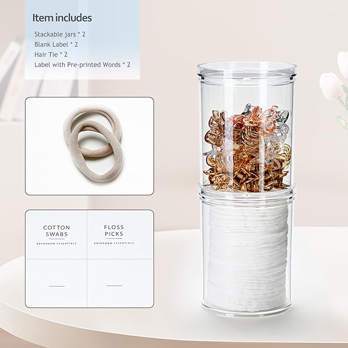 SheeChung 2-Pack Stackable Qtip Holder with Storage Lids - Clear Plastic Apothecary Jars for Bathroom Organization - Shatterproof Cotton Swab Dispenser with Labels - 10oz Vanity Counter Organizer