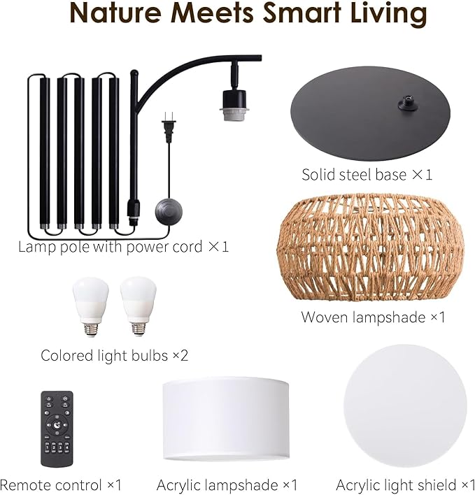 Boho Rattan Floor Lamp with Shade – 12W Bright Dimmable LED Bulb, Remote Control 3 Color Temperatures, Modern Farmhouse Handwoven Arc Standing Light for Living Room Bedroom