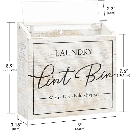 J JACKCUBE DESIGN Magnetic Lint Bin for Laundry Room, Lint Basket Container, Trash Can Box, Organizer, Storage for Washer and Dryer Supplies- White Washed Rustic Wood Wall Mount- MK904A
