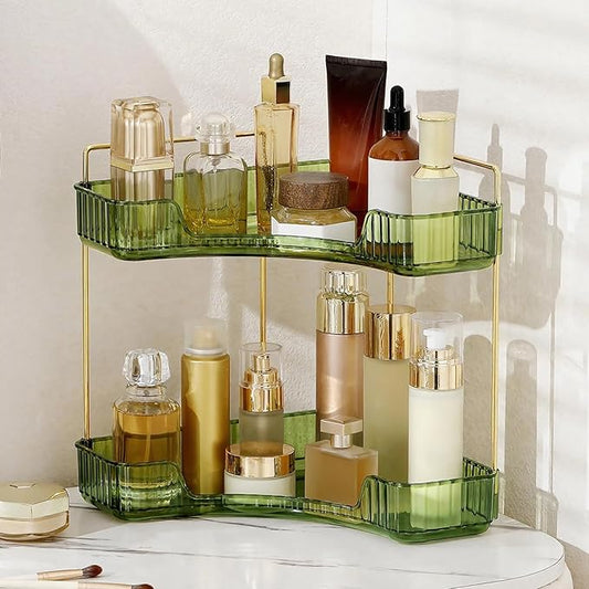 Corner Bathroom Countertop Organizer, Vanity Trays for Counter, Makeup Organizers, Perfume Tray, Kitchen Spice Rack, (Green, 2 Tiers)