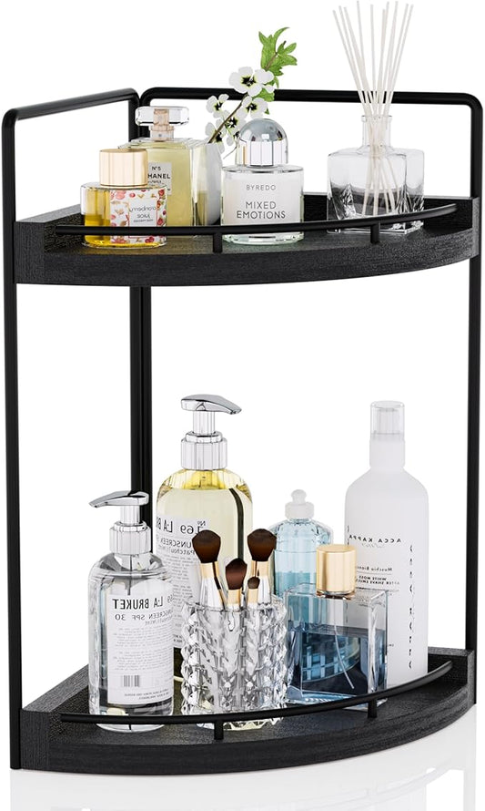 Corner Bathroom Counter Organizer, 2 Tier Wood Vanity Storage, Waterproof Skincare Shelf for Kitchen & Toiletries Decor, Dresser (Black-2 Tier)