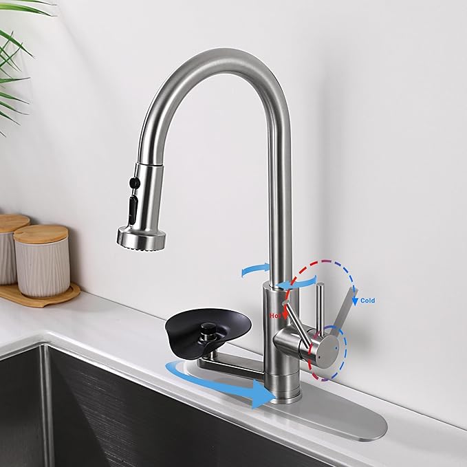 Kitchen Faucet with Glass Rinser, Pull Down Sink Faucet with 3 Spray Modes and High Pressure Glass Rinser, Single Hole 2 in 1 High Arc Stainless Steel Kitchen Faucets (Brushed Nickel)