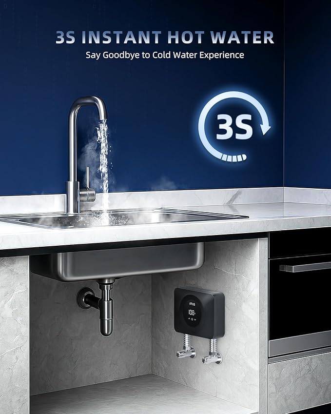 APUS Tankless Water Heater Electric 240V, 4500W Instant On Demand Hot Water Heaters, Under Sink Point of Use Water Heater, LED Digital Display, Ultra Compact for Kitchen, Bathroom, Laundry