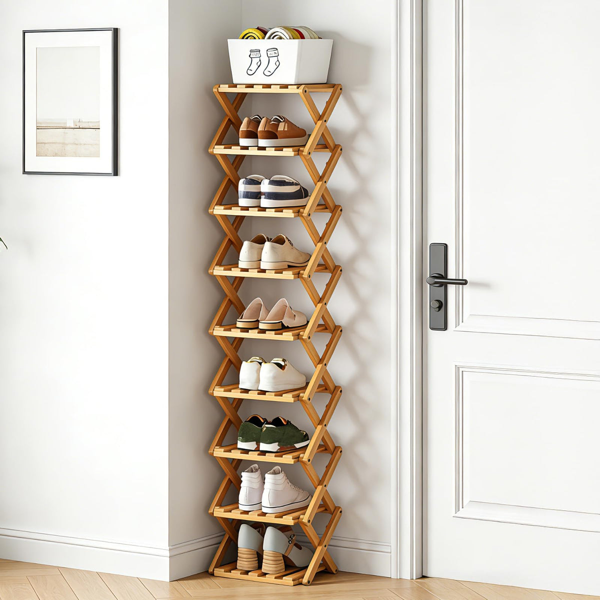 9 Tier Bamboo Shoe Rack, Foldable Narrow Shoe Organizer - Image 1
