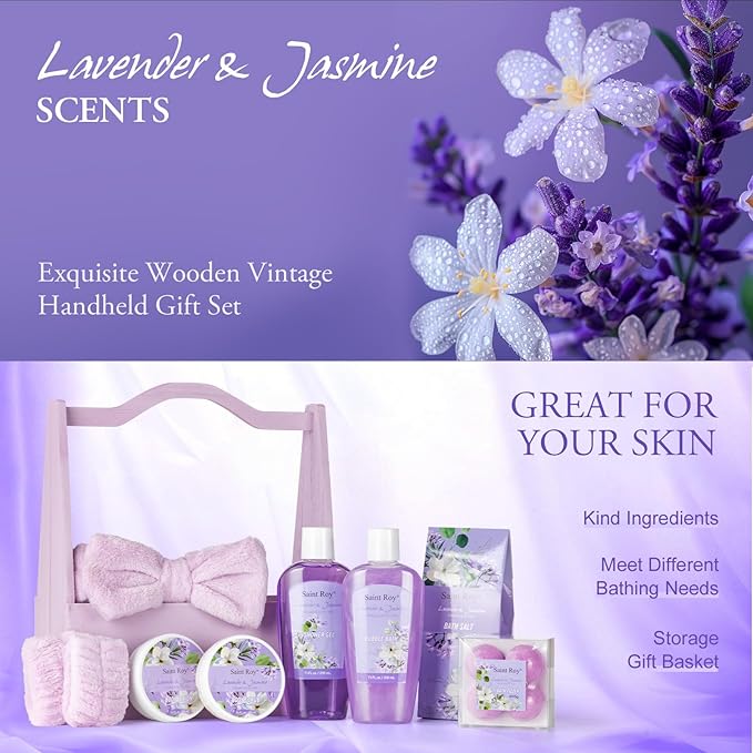 Bath and Body Gift Basket Set for Women - Jasmine Valentines Day Gifts for Women, Spa Gift Basket 13-Piece Bath Gift Set, Gift Set for Ladies Body & Bath Gifts Set Lavender Gift Baskets For Mom
