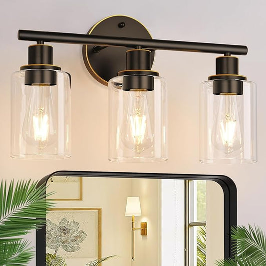 3-Light Bathroom Light Fixtures, Brown and Gold Bathroom Wall Lights, Modern Vanity Light with Clear Glass Shade, Bathroom Wall Lamp for Mirror Hallway Cabinet