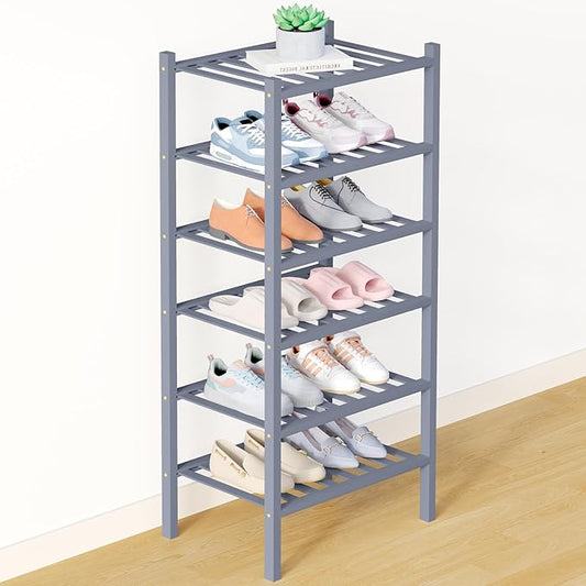 Smiry Bamboo Shoe Rack for Closet, 6 Tier Small Wooden Stackable Shoe Organizer, Free Standing Shoes Storage Shelf for Entryway, Front Door Entrance, Grey