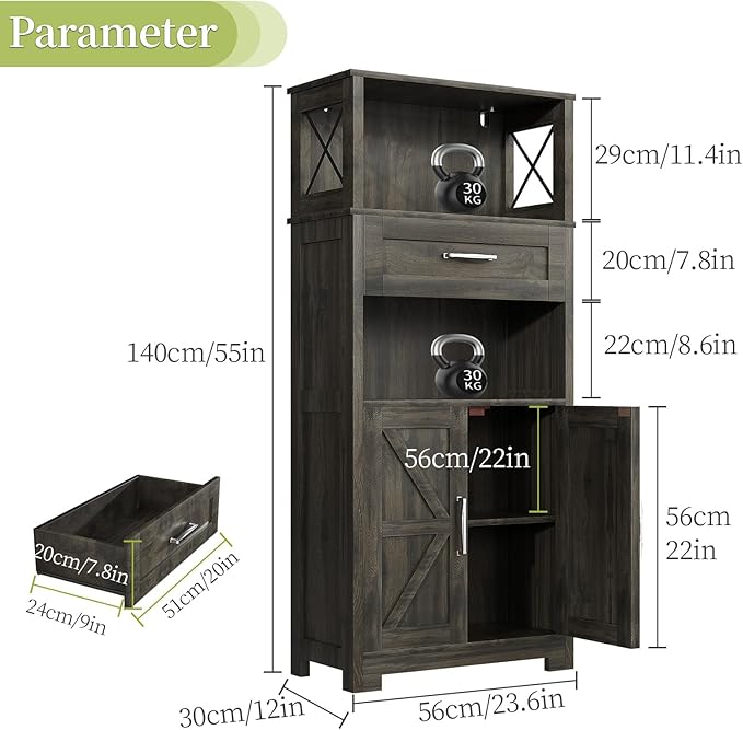 55" Tall Kitchen Pantry Cabient with 2 Microwave Stands, Farmhouse Pantry Storage Cabinet with Barn Doors and Large Drawer, Rustic Freestanding Cupboard for Kitchen and Dining Room (Dark Grey)
