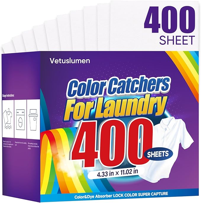 Veuslumen Color Catchers for Laundry - 400 Count Color Absorber Sheets Prevent Color Bleeding & Protect Colors, Lock in Dyes Allow Safe Mixed Washes for All Machines