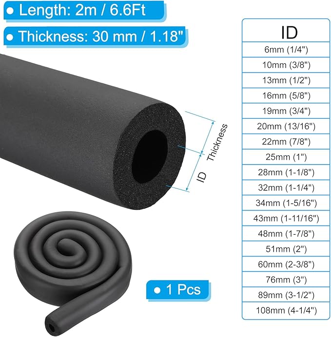 PATIKIL 1-11/16"(43mm) ID x 6.6Ft Pipe Insulation Foam Tube, Pipe Cover Wrap Roll Bar Padding Tubing for Handle Grip HVAC Outdoor Air Conditioner Units, Black